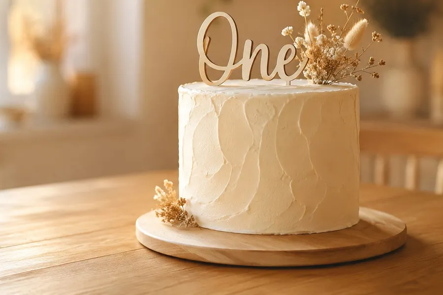 A soft buttercream first birthday cake with a wooden “One” topper and dried flowers, in warm light.